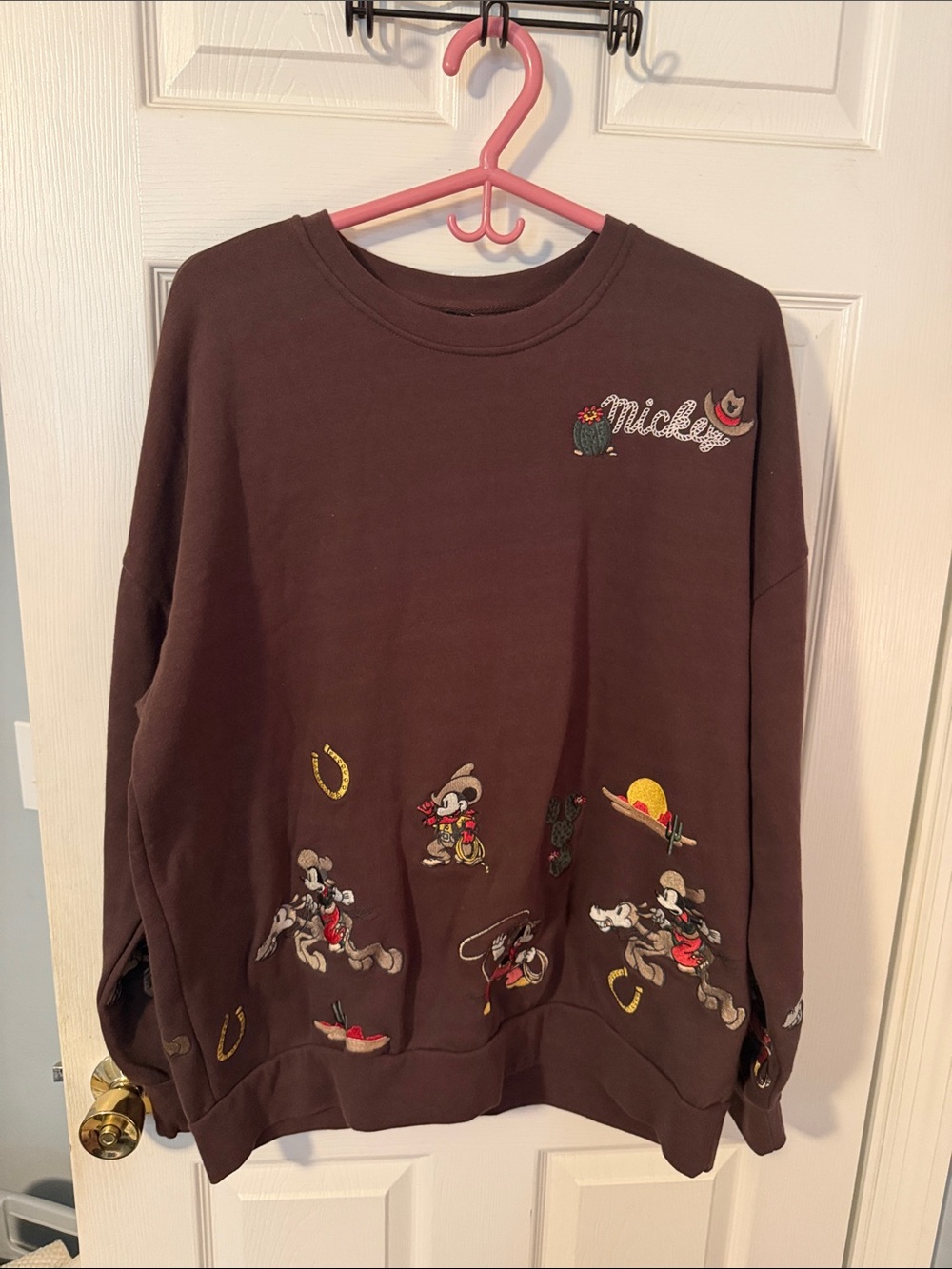Disney Brown Crewneck Sweatshirt with Embroidered Mickey Motifs